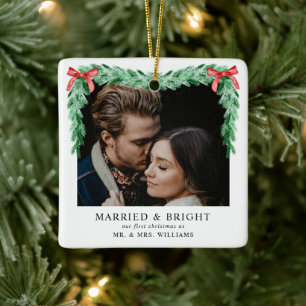 Modern Photo Marrried & Bright Christmas Newlywed Ceramic Ornament