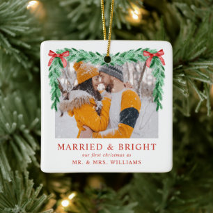 Modern Photo Marrried & Bright Christmas Newlywed Ceramic Ornament