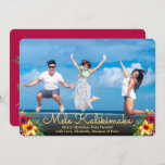 Modern Photo Mele Kalikimaka Christmas Cards<br><div class="desc">Modern Mele Kalikimaka Christmas Photo Holiday Cards. This pretty simple holiday card design features a hand lettered typography greeting „Mele Kalikimaka” script with burgundy red yellow hibiscus floral arrangement. At the backing burgundy colour background with a hibiscus arrangement. You can personalise the design by replacing the sample text and horizontal...</div>