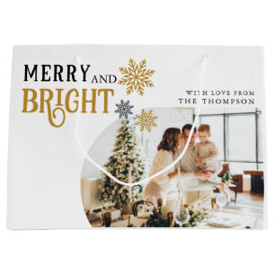 Modern Photo Merry and bright Christmas Holiday  Large Gift Bag