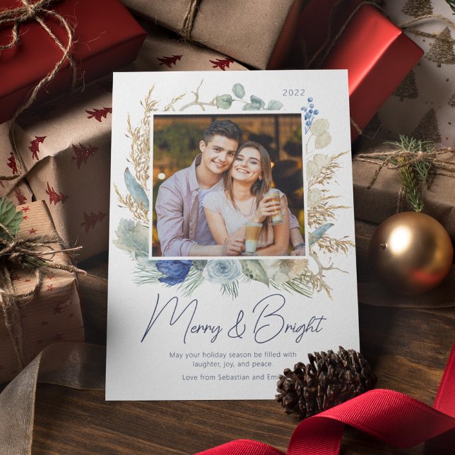Modern Photo Merry & Bright Script Boho Floral (Creator Uploaded)