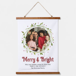 Modern Photo Merry & Bright Script Wreath Hanging Tapestry