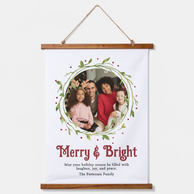 Modern Photo Merry & Bright Script Wreath Hanging Tapestry (Front)