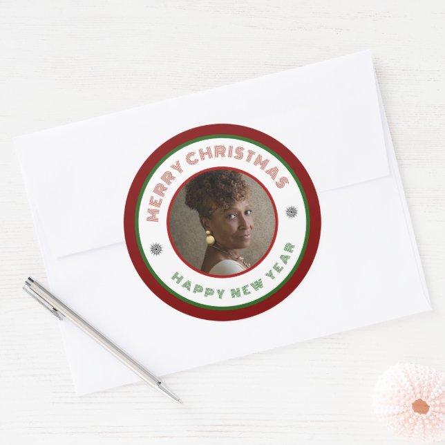 Modern Photo Merry Christmas New Year Personalise Classic Round Sticker (Envelope)