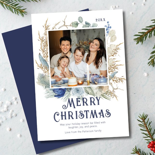 Modern Photo Merry Christmas Script Boho Floral (Creator Uploaded)