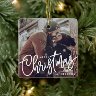 Modern Photo Merry Christmas Script Trendy Couple Ceramic Ornament