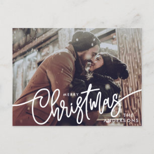 Modern Photo Merry Christmas Script Trendy Couple Holiday Postcard