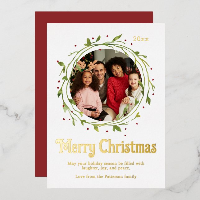 Modern Photo Merry Christmas Script Wreath Foil Holiday Card (Front/Back)
