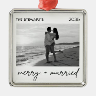 Modern Photo Merry & Married Elegant Minialmist Metal Ornament