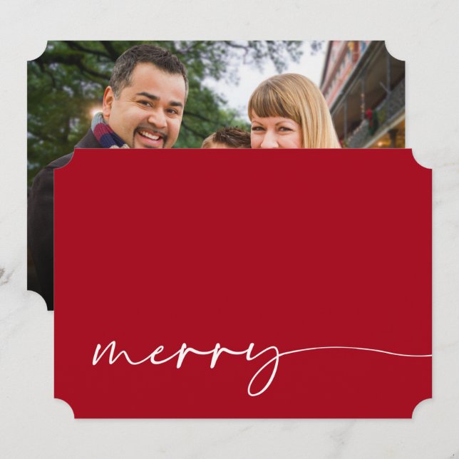 Modern Photo Merry Red White Calligraphy Christmas Holiday Card (Front/Back)
