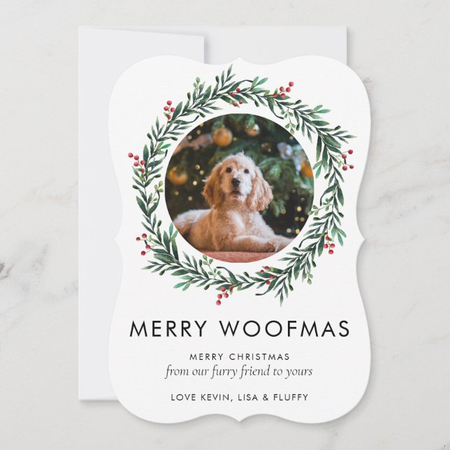 Modern Photo Merry Woofmas Christmas Dog Wreath Holiday Card (Front)