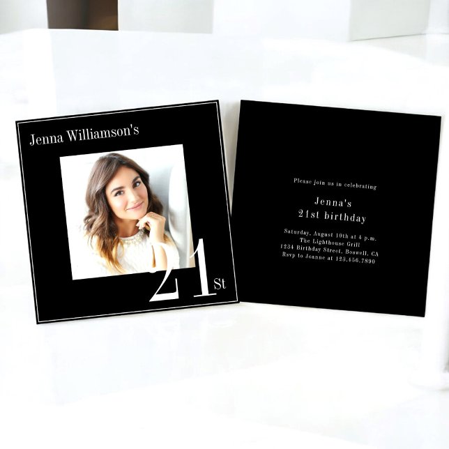 Modern photo minimal black & white 21st birthday invitation (modern simple minimalistic 21st birthday invitation , fully editable and downloadable)