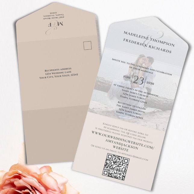 Modern Photo Minimalist Blush Simple QR Code RSVP All In One Invitation (Elegant simple blush All in One wedding invitation with QR Code. )