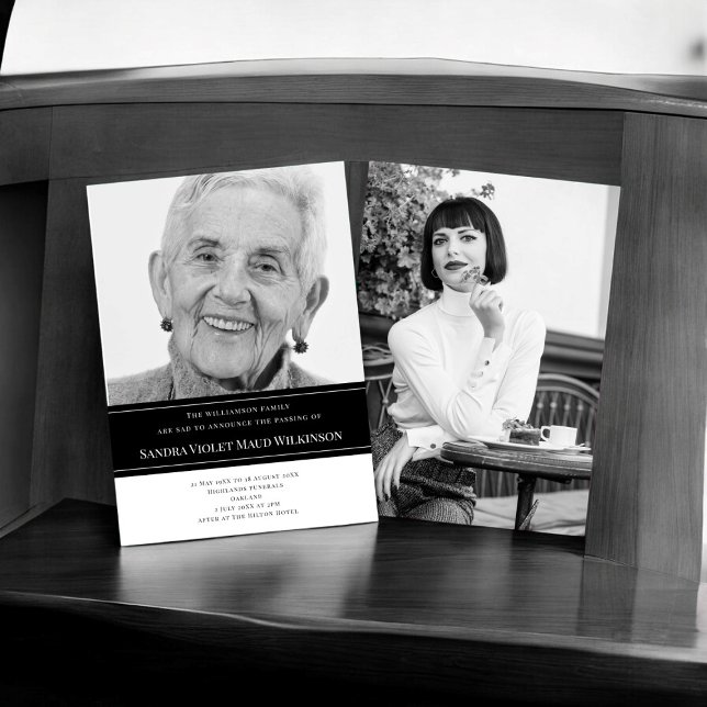Modern photo minimalist celebration of life  invitation (minimalistic passing announcment card with two photo and funeral information , fully editable )
