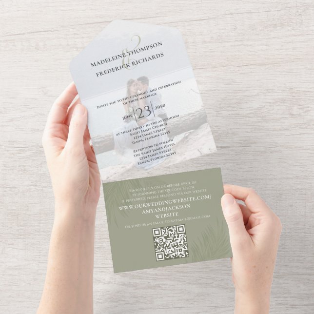 Modern Photo Minimalist Palm Leaves QR Code RSVP All In One Invitation (Tearaway)