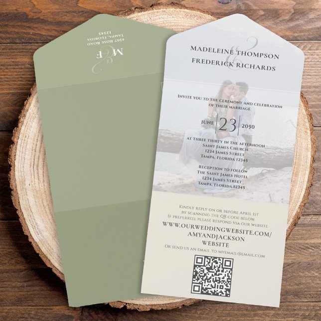 Modern Photo Minimalist Sage Green QR Code RSVP  All In One Invitation (Creator Uploaded)