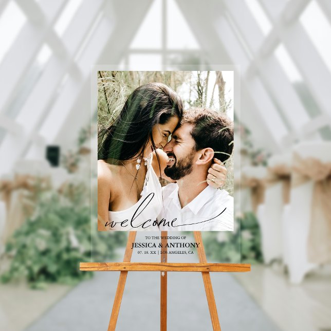 Modern Photo Minimalist Welcome Acrylic Sign (Make a dazzling entrance and warmly greet guests with our captivating photo acrylic wedding sign!)