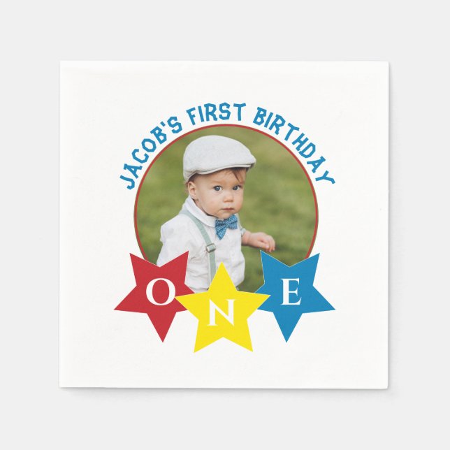 Modern photo minimlistic 1st birthday  napkin (Front)