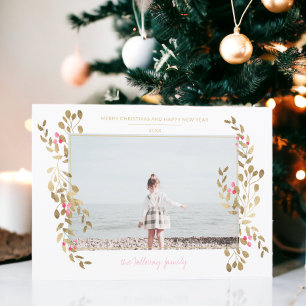 Modern photo mistletoe Christmas gold frame white Holiday Card