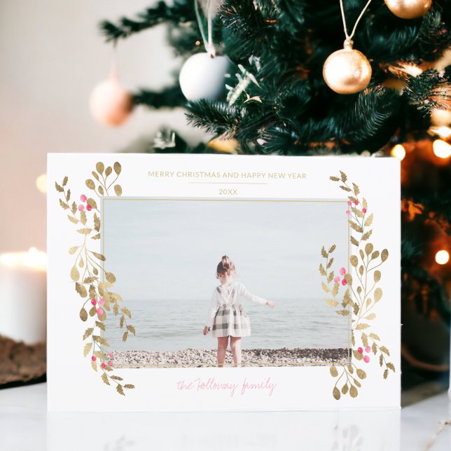 Modern photo mistletoe Christmas gold frame white Holiday Card (Modern photo mistletoe Christmas gold frame white Holiday Card)