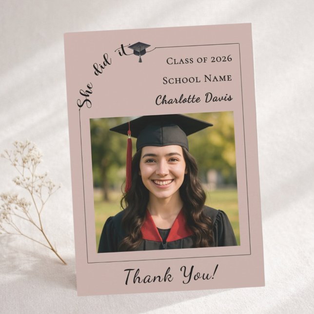 Modern photo mocha beige Graduation She did it Thank You Card (Creator Uploaded)