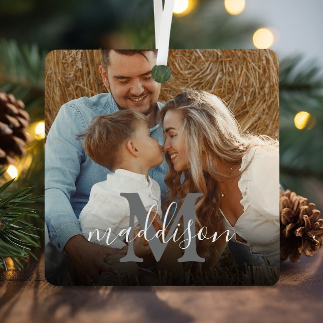 Modern Photo Monogram Name Christmas Metal Tree Decoration (Creator Uploaded)