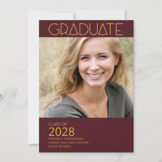  Modern Photo Morron and Gold Graduation Party Invitation (Front)