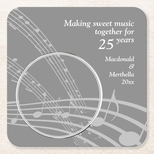 Modern Photo MUSIC 25th Silver Wedding Anniversary Square Paper Coaster (Front)
