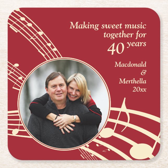 Modern Photo MUSIC 40th Ruby Wedding Anniversary Square Paper Coaster (Front)