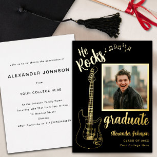 Modern Photo Music Graduation Party Black and Gold