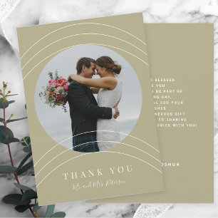 Modern photo names script sage green wedding thank you card