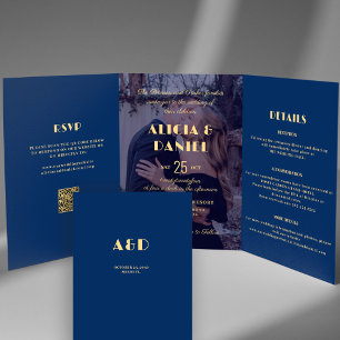 Modern photo navy and gold rsvp details wedding Tri-Fold invitation