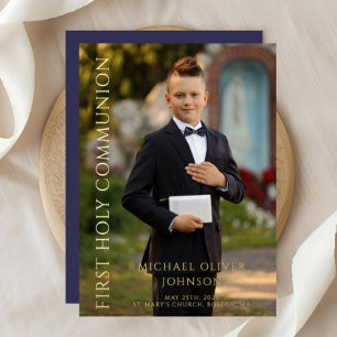 Modern Photo Navy Blue Boy First Communion Gold