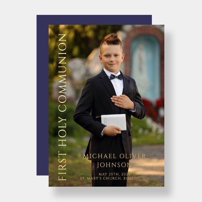 Modern Photo Navy Blue Boy First Communion Gold (Modern Photo Blue Boy First Holy Communion Gold Foil Invitation)