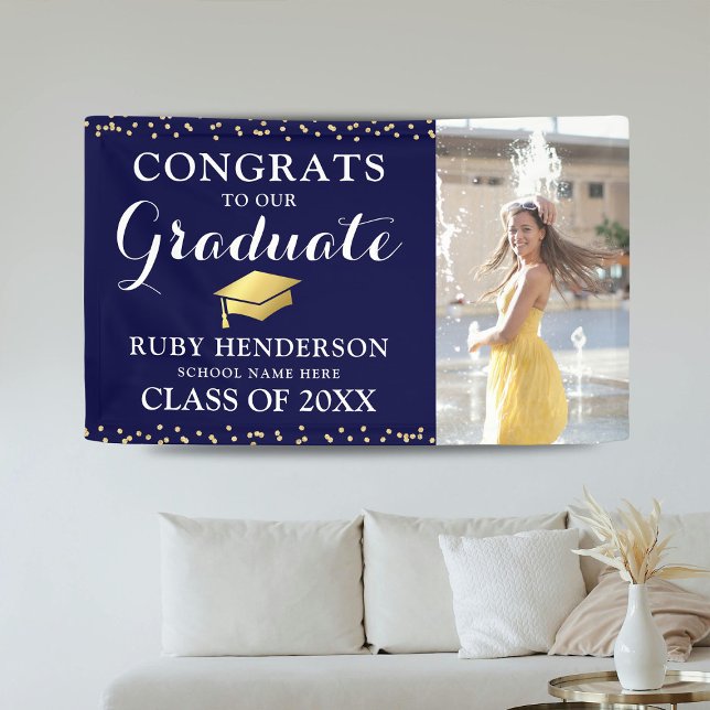 Modern Photo Navy & Gold Class of 2025 Graduation Banner (Creator Uploaded)
