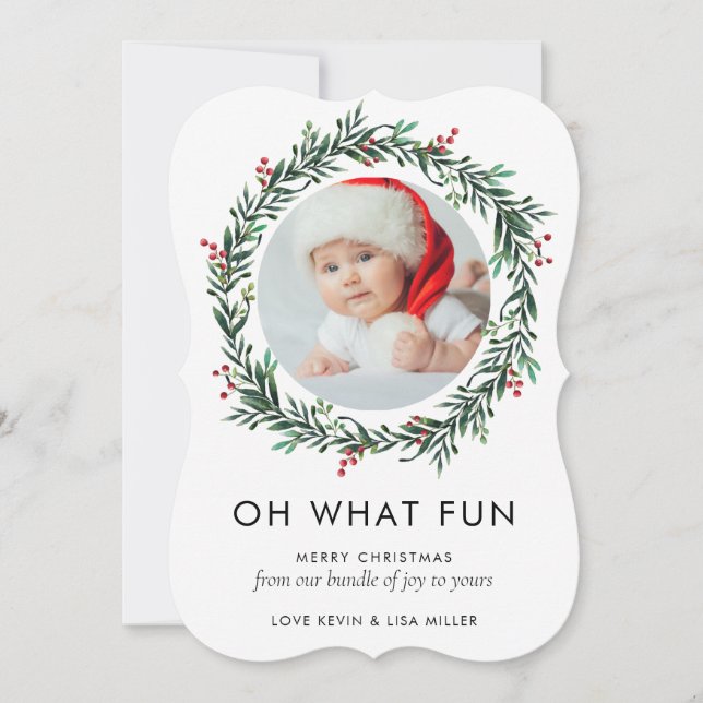Modern Photo New Baby Family Christmas Wreath Holiday Card (Front)