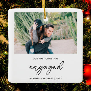 Modern Photo Our First Christmas Engaged  Ceramic Ornament