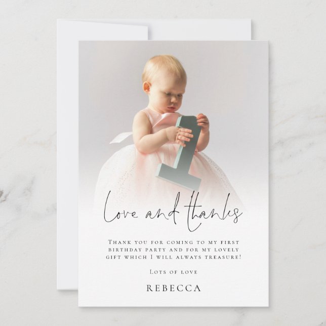 Modern Photo Overlay 1st Birthday Love Thanks Card (Front)