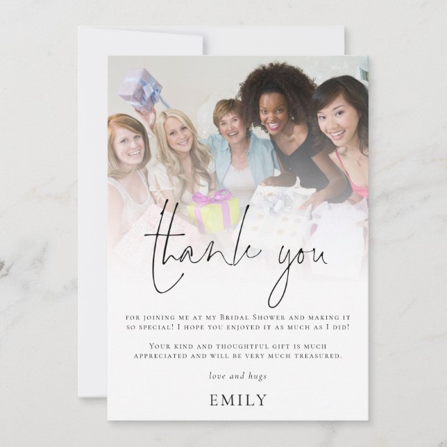 Modern Photo Overlay Bridal Shower Thank You Card (Front)