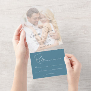 Modern Photo Overlay Cobalt Blue Wedding  All In One Invitation