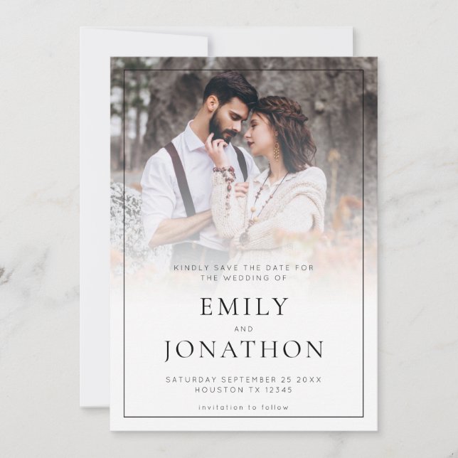Modern Photo Overlay Line Border QR Code Save The Date (Front)