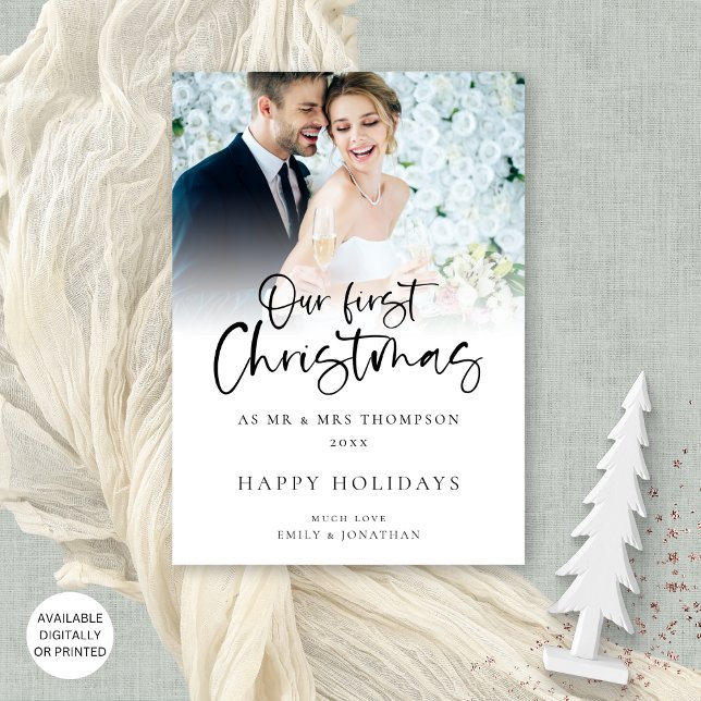 Modern Photo Overlay Our First Christmas Mr Mrs Holiday Card (Available digitally or printed)