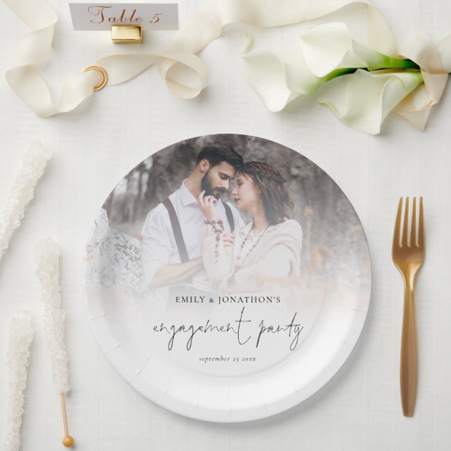 Modern Photo Overlay Script Engagement Party Paper Plate (Wedding)