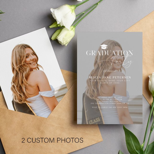 Modern photo overlay script graduation party invitation (Creator Uploaded)