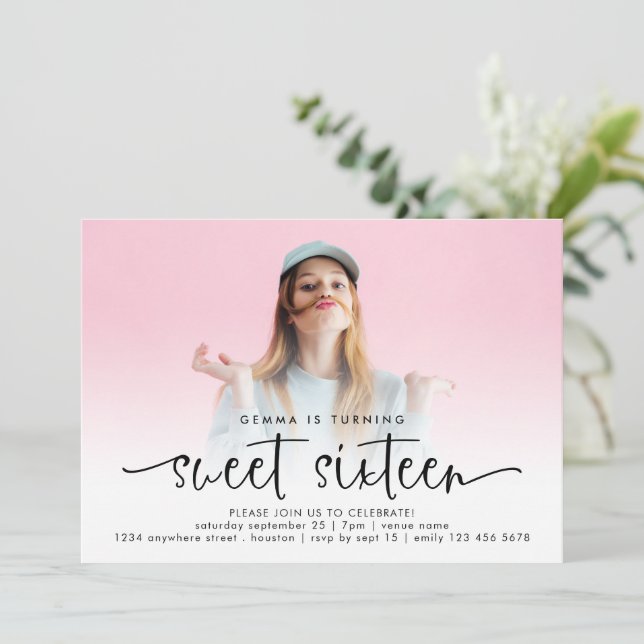 Modern Photo Overlay Script Sweet Sixteen Invitation (Standing Front)