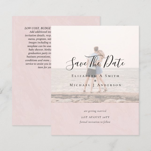 Modern PHOTO OVERLAY TEXT SAVE DATES Budget (Front/Back)