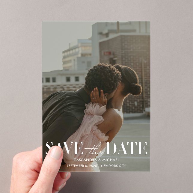 Modern Photo Overlay Wedding Save the Date Clear Acrylic Invitations (Insitu (Handheld))
