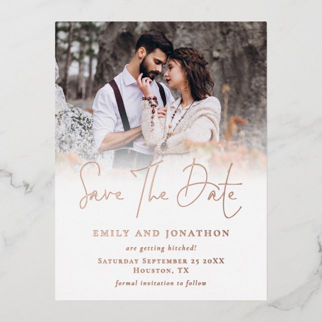 Modern Photo Overlay Wedding Save The Date Foil  Foil Holiday Postcard (Front)