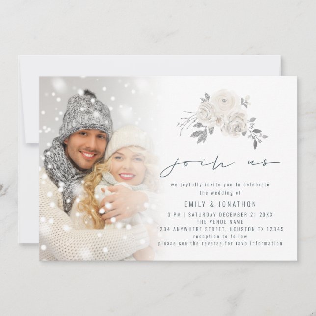 Modern Photo Overlay White Florals Join Us Wedding Invitation (Front)