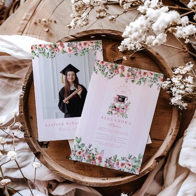 Modern Photo Pink Floral Graduation Party Invitation (Creator Uploaded)